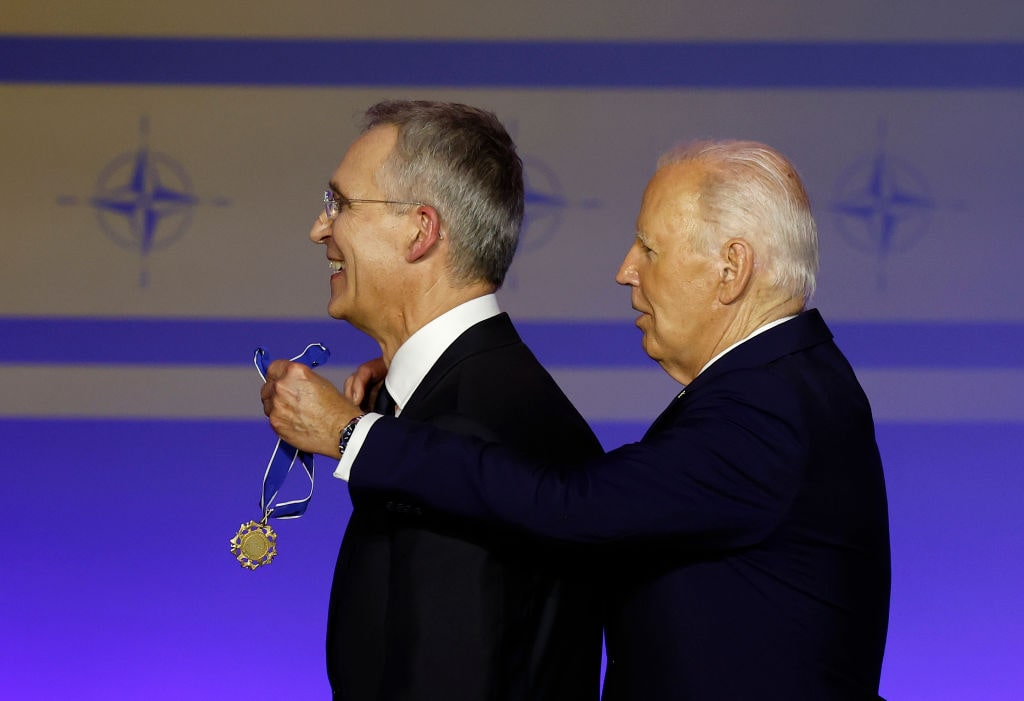 World Leaders Attend NATO Summit In Washington, D.C.WASHINGTON, DC - JULY 9: U.S. President Joe Biden awards the Presidential Medal of Freedom to NATO Secretary General Jens Stoltenberg during the NATO 75th anniversary celebratory event at the Andrew Mellon Auditorium on July 9, 2024 in Washington, DC. NATO leaders convene in Washington this week for its annual summit to discuss their future strategies and commitments, and marking the 75th anniversary of the alliance’s founding. (Photo by Kevin Dietsch/Getty Images)