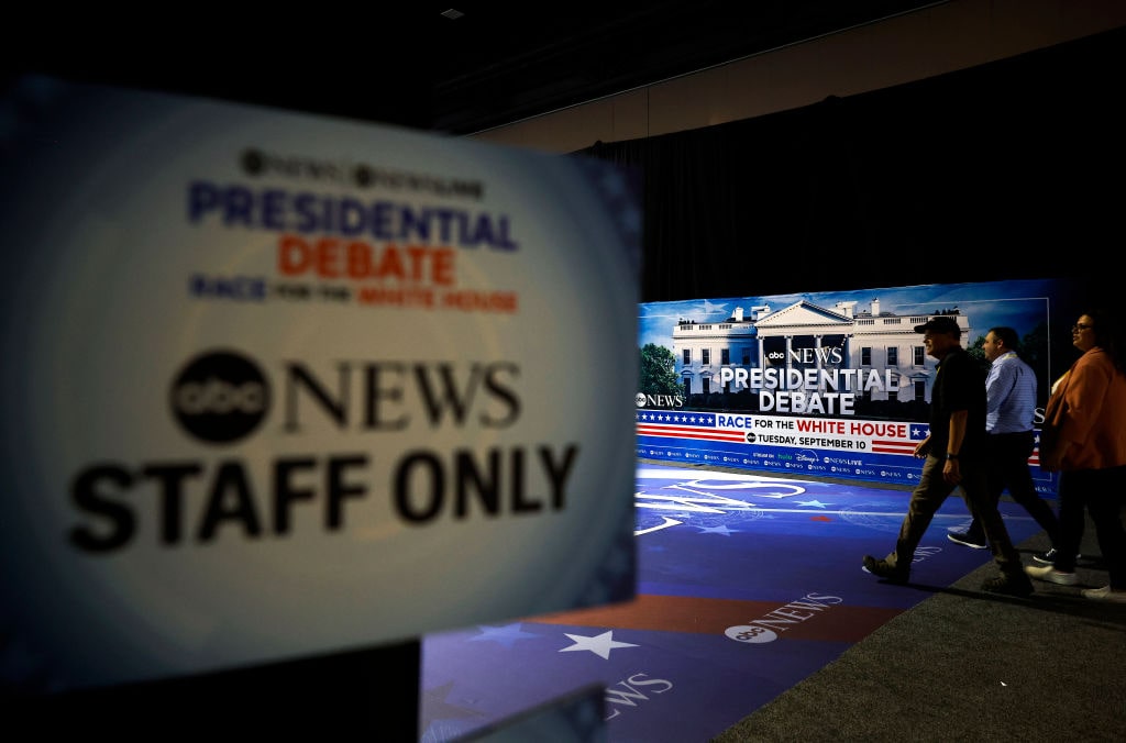 Philadelphia's Constitution Center Prepares To Host Presidential Debate Between Trump And VP HarrisPHILADELPHIA, PENNSYLVANIA - SEPTEMBER 09: Final preparations are made in the spin room prior to the ABC News Presidential Debate on September 09, 2024 at the Convention Center in Philadelphia, Pennsylvania. Democratic presidential nominee, U.S. Vice President Kamala Harris and Republican presidential nominee former President Donald Trump will face off in their first debate tomorrow evening at the Constitution Center. (Photo by Kevin Dietsch/Getty Images)