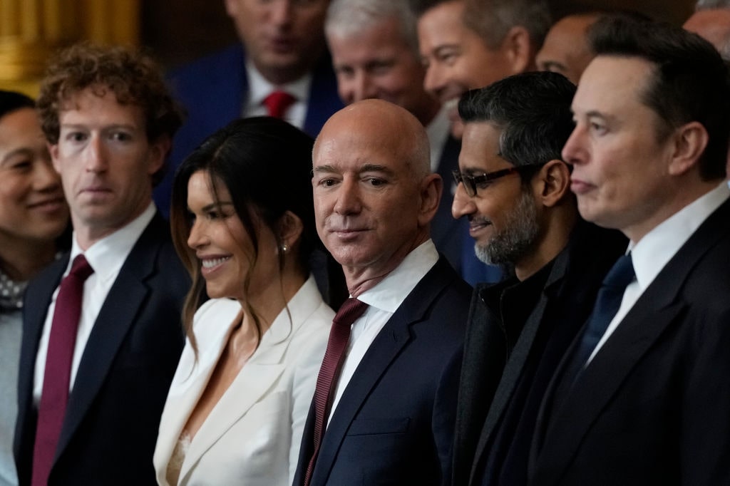 The Inauguration Of Donald J. Trump As The 47th PresidentWASHINGTON, DC - JANUARY 20: Guests including Mark Zuckerberg, Lauren Sanchez, Jeff Bezos, Sundar Pichai and Elon Musk attend the Inauguration of Donald J. Trump in the U.S. Capitol Rotunda on January 20, 2025 in Washington, DC. Donald Trump takes office for his second term as the 47th president of the United States. (Photo by Julia Demaree Nikhinson - Pool/Getty Images)