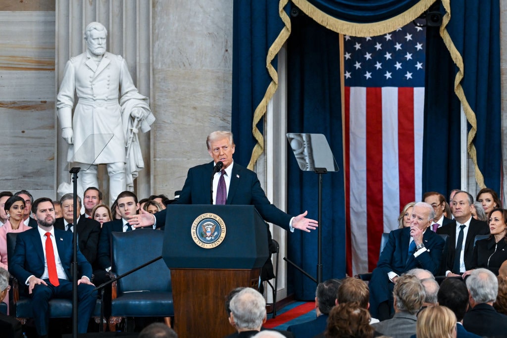 The Inauguration Of Donald J. Trump As The 47th PresidentWASHINGTON, DC - JANUARY 20: U.S. President Donald Trump speaks after being sworn in during his inauguration in the U.S. Capitol Rotunda on January 20, 2025 in Washington, DC. Donald Trump takes office for his second term as the 47th President of the United States. (Photo by Kenny Holston-Pool/Getty Images)