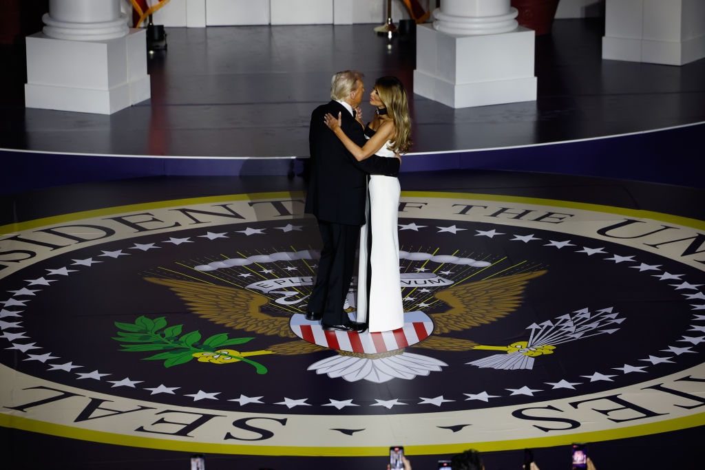 Newly-Sworn In President Donald Trump Attends Inaugural BallsWASHINGTON, DC - JANUARY 20: President Donald Trump dances with wife Melania dance at the Starlight Ball on January 20, 2025 in Washington, DC. President Trump attends some of the inaugural balls after taking the oath as the 47th president. (Photo by Anna Moneymaker/Getty Images)